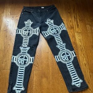 Vintage Jordache Blsck Jeans Custom Hand Painted Cross Goth Punk Denim